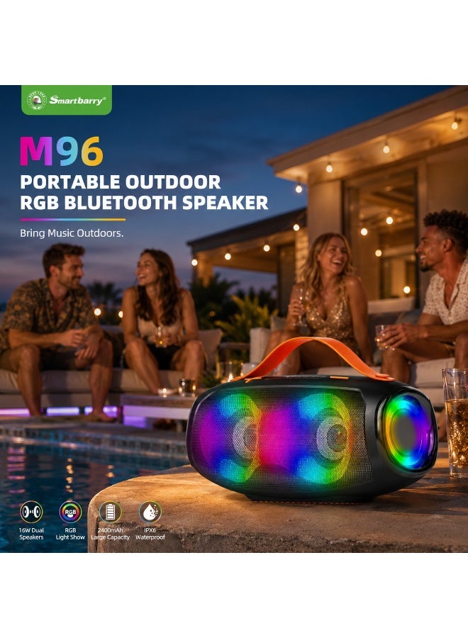 Smartbarry M96 Portable Outdoor RGB Bluetooth Speaker – 16W Dual Driver Stereo Sound, Deep Bass, 2400mAh Rechargeable Battery, Waterproof & Dustproof Wireless Speaker, Carry Handle, USB/TF Card Support – Black/Orange - Image 5