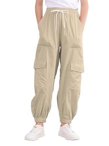 Kimoda Beige Cargo Pants for Girls Size 13-14 Girls Sweatpants Elastic Waist Cargo Pants Elastic Drawstring Kids Cargo Pant - Image 1