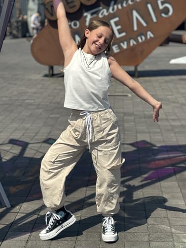 Kimoda Beige Cargo Pants for Girls Size 13-14 Girls Sweatpants Elastic Waist Cargo Pants Elastic Drawstring Kids Cargo Pant - Image 2