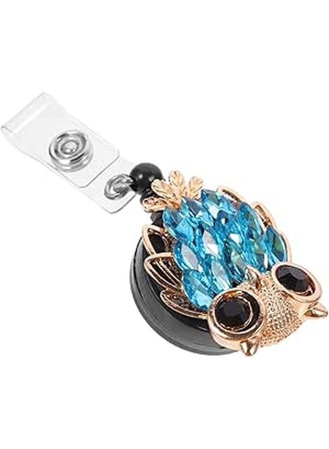 Retractable Badge Holder with Blue Crystal Owl Design Alligator Clip for Office Nursing ID - Image 1