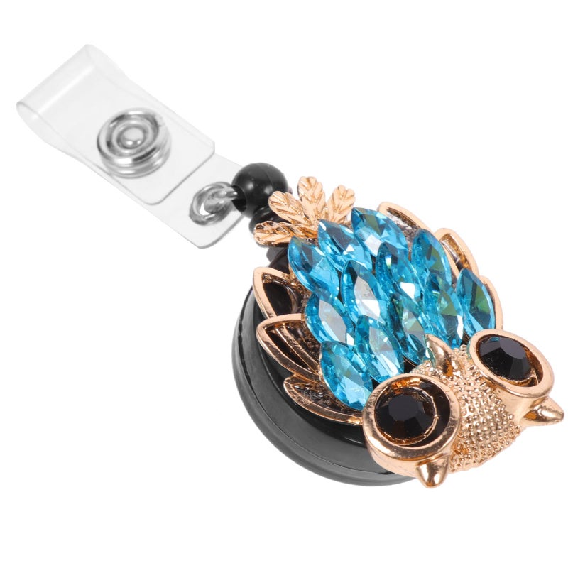Retractable Badge Holder with Blue Crystal Owl Design Alligator Clip for Office Nursing ID - Image 2