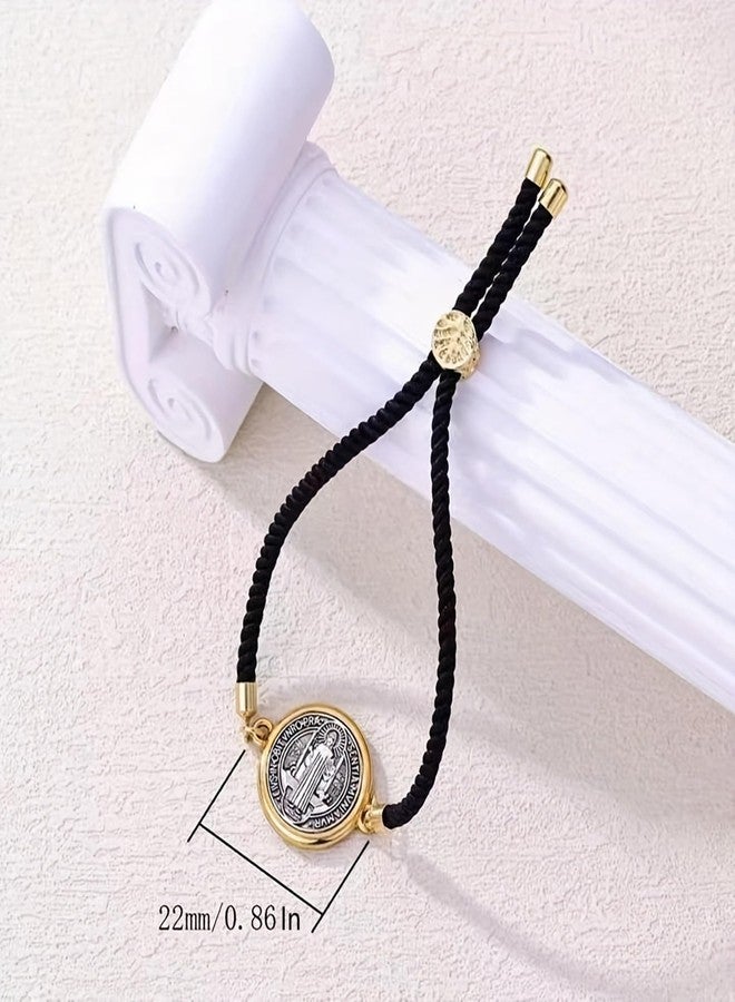 CACALOSS Catholic Bracelets St. Benedict Bracelet Red Rope Double Hole Pendant Couple Woven Bracelets Adjustable Black Bracelet (black) - Image 3