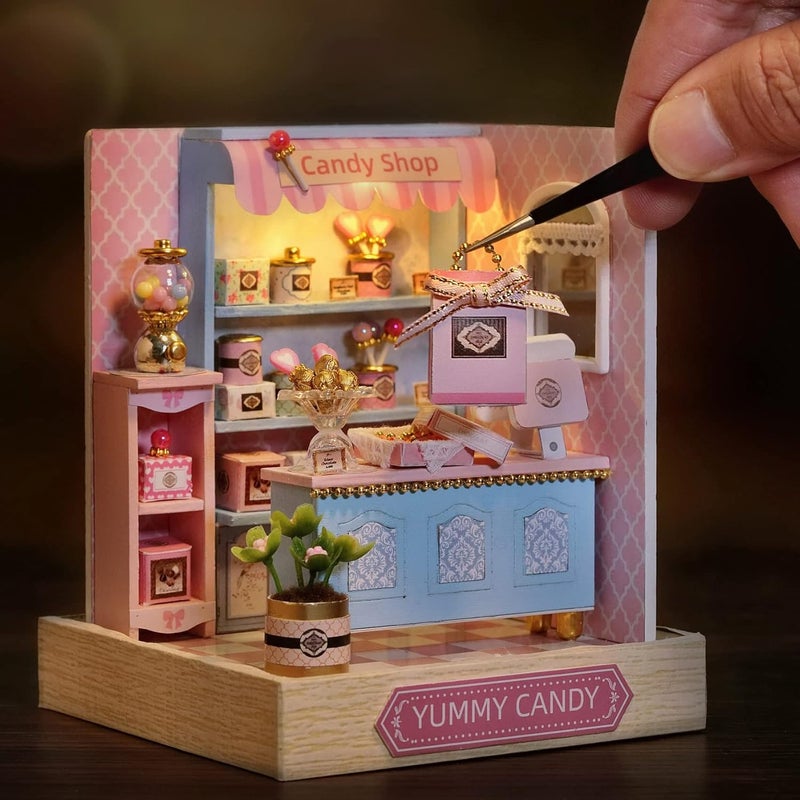 CUTEROOM DIY Miniature Doll House Kits, DIY House Kit with Dust Cover, 3D Wooden Dollhouse Kits to Build for Teens Adults Birthday Gift (Candy) - Image 3