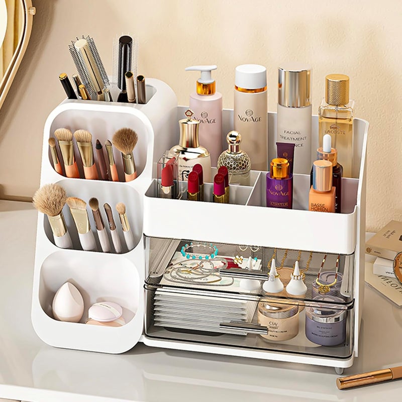 Aveniee Makeup Organizer with Drawers, Vanity Desk Storage Organizer for Bathroom Countertop, Large Skincare Display Case for Perfume Cosmetic Jewelry Lipsticks (White)