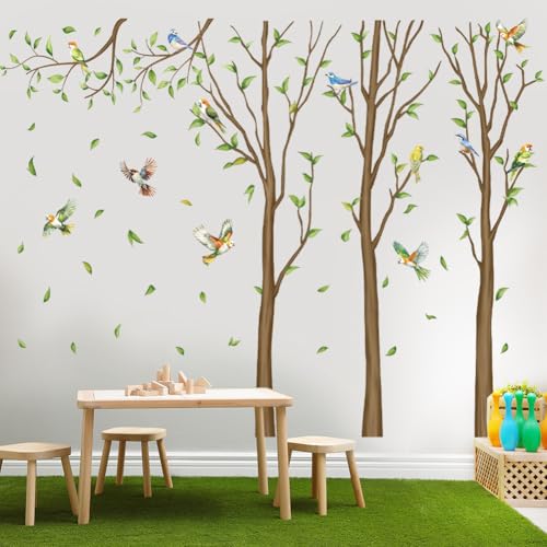 Aurbhosa Family Tree Wall Sticker Green Leaf Birds Wall Art Decor Large Tree Branch Wall Decal Peel and Stick Woodland Animals Wall Sticker for Bedroom - Image 5
