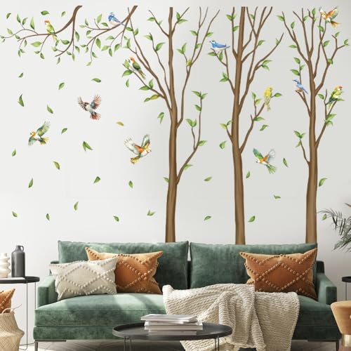 Aurbhosa Family Tree Wall Sticker Green Leaf Birds Wall Art Decor Large Tree Branch Wall Decal Peel and Stick Woodland Animals Wall Sticker for Bedroom - Image 1