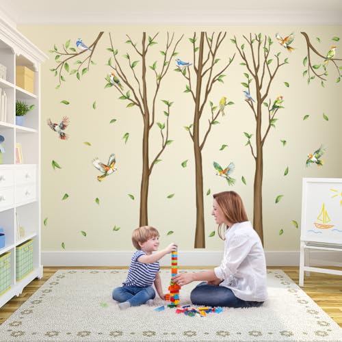 Aurbhosa Family Tree Wall Sticker Green Leaf Birds Wall Art Decor Large Tree Branch Wall Decal Peel and Stick Woodland Animals Wall Sticker for Bedroom - Image 3