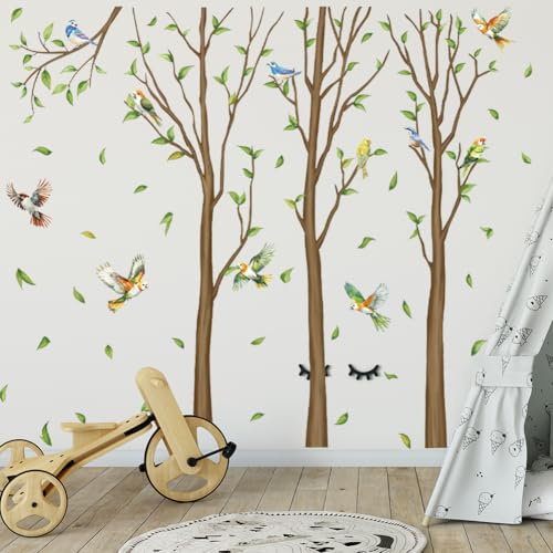 Aurbhosa Family Tree Wall Sticker Green Leaf Birds Wall Art Decor Large Tree Branch Wall Decal Peel and Stick Woodland Animals Wall Sticker for Bedroom - Image 4