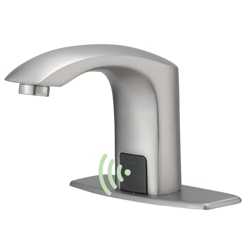 Green Spring Greenspring Automatic Sensor Touchless Faucet Brushed Nickel Single Hole Bathroom Faucet Hands-Free Battery Powered Solid Brass Modern Vanity Tap with Deck Plate, Control Box and Temperature Mixer - Image 1