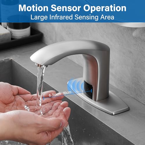Green Spring Greenspring Automatic Sensor Touchless Faucet Brushed Nickel Single Hole Bathroom Faucet Hands-Free Battery Powered Solid Brass Modern Vanity Tap with Deck Plate, Control Box and Temperature Mixer - Image 3