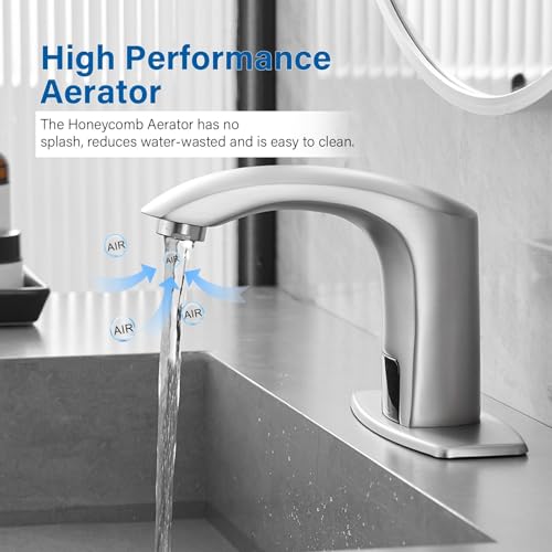 Green Spring Greenspring Automatic Sensor Touchless Faucet Brushed Nickel Single Hole Bathroom Faucet Hands-Free Battery Powered Solid Brass Modern Vanity Tap with Deck Plate, Control Box and Temperature Mixer - Image 4