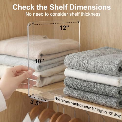 SortNStore Shelf Dividers for Closet Organization: 10" Tall x 12" Deep, Adhesive Separators Features Acrylic Material and Provides Storage for Clothes and Purses in Bedroom Cabinets(8-Pack) - Image 2