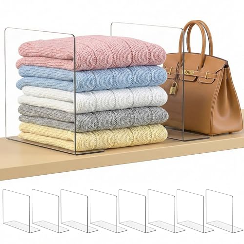 SortNStore Shelf Dividers for Closet Organization: 10" Tall x 12" Deep, Adhesive Separators Features Acrylic Material and Provides Storage for Clothes and Purses in Bedroom Cabinets(8-Pack) - Image 1