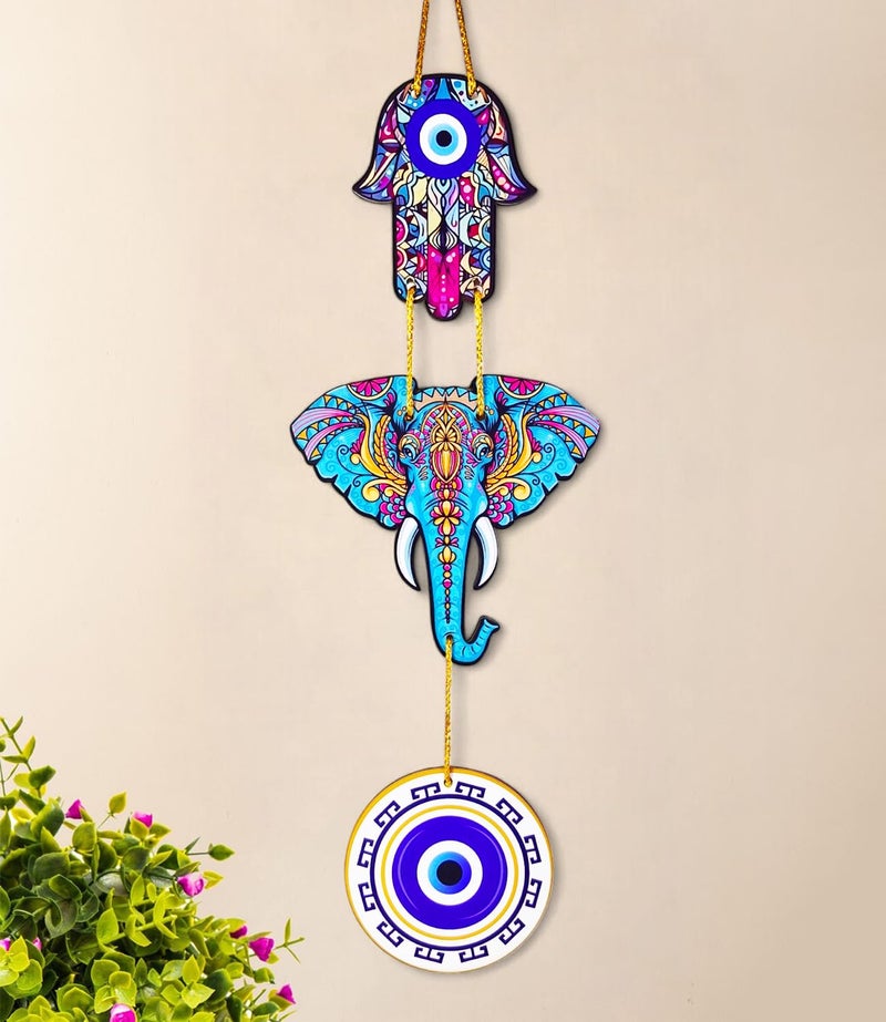 Ascension Elephant Evil Eye Wall Hanging for House Positive Vibes Wooden Evil Eye Wall Art Hanging For Wall Decor In Bedroom, Office, Kitchen Modern Artworks Wall Decor Items Door Entrance Decorative Hangings (Elephant Evil Eye Hanging) - Image 2