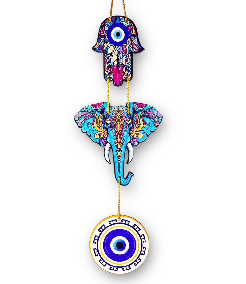 Ascension Elephant Evil Eye Wall Hanging for House Positive Vibes Wooden Evil Eye Wall Art Hanging For Wall Decor In Bedroom, Office, Kitchen Modern Artworks Wall Decor Items Door Entrance Decorative Hangings (Elephant Evil Eye Hanging) - Image 1