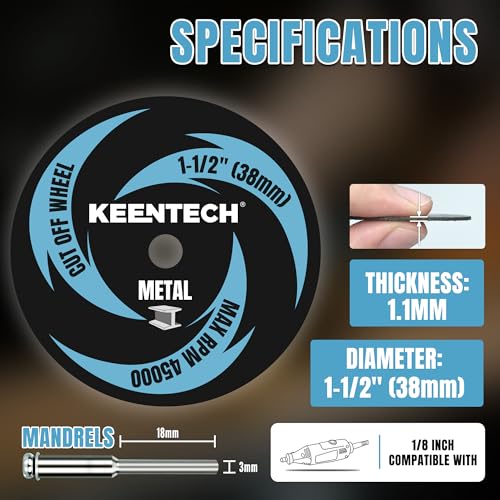 KEENTECH 1-1/2" Cut Off Wheels 11 Pack, 1.5" x 1/8" Fiberglass Reinforced Cutting Discs with 1 Mandrels, Rotary Tool Accessories for Metal - Image 2
