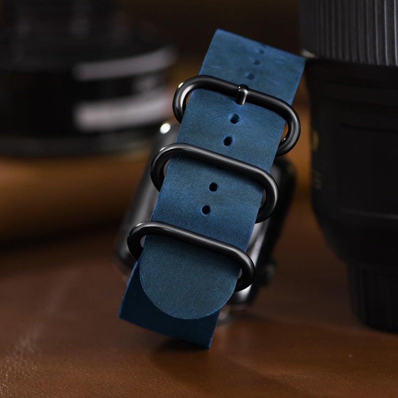 SUNFWR Vintage Leather Bands Compatible with Apple Watch Band 38mm 40mm 41mm 42mm-Series 11 10, Genuine Leather Retro Strap Compatible for Men Women iWatch SE Series 9 8 7 6 5 4 3 2 1 (Army Blue/Black) - Image 2