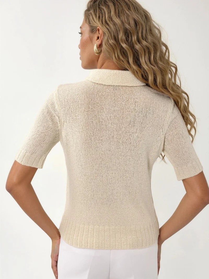 HICCUP Textured Knit Polo Collar Top