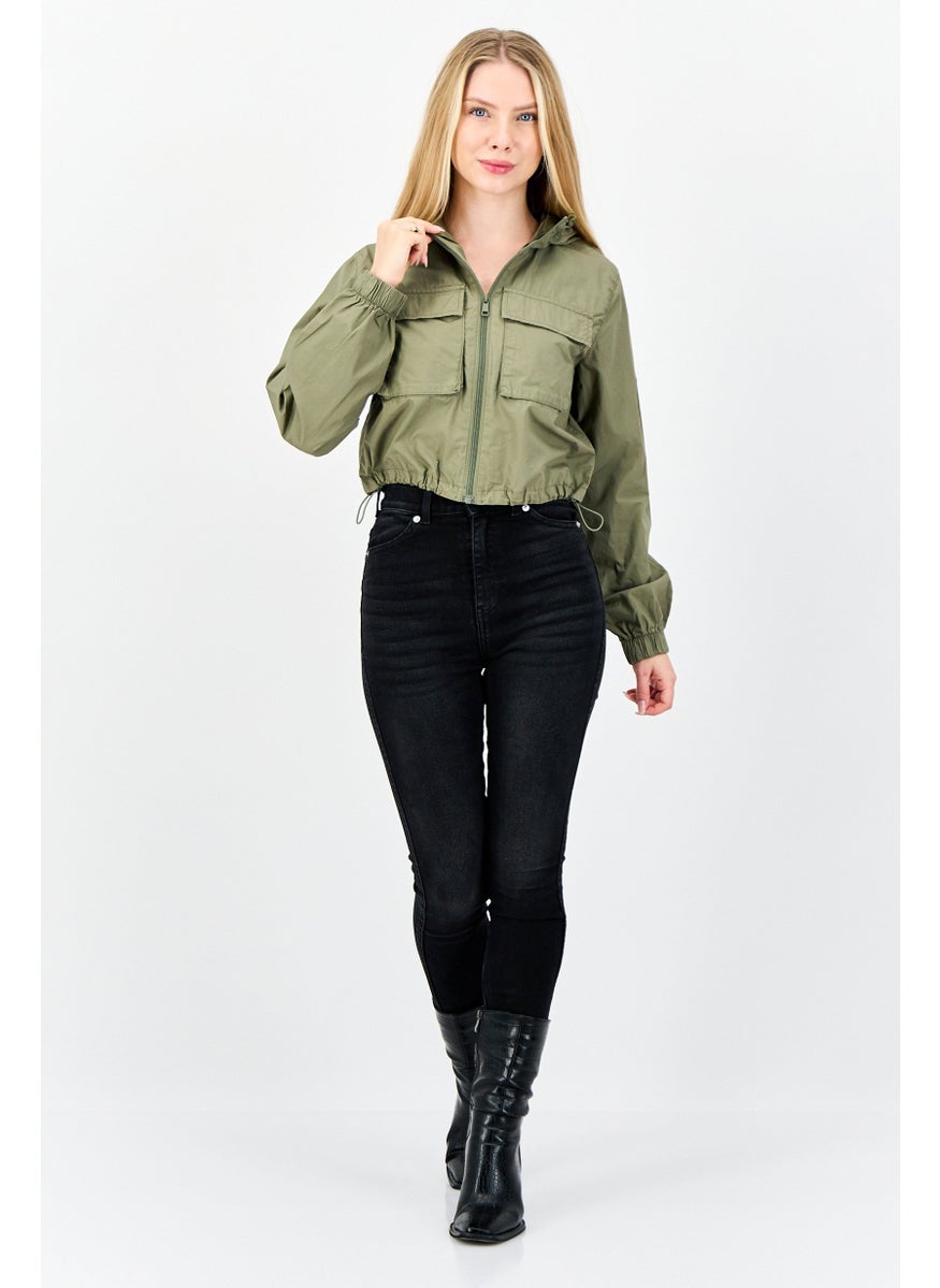 Don't Call Me Jennyfer - Women Solid Hooded Cropped Jacket, Khaki - Image 1