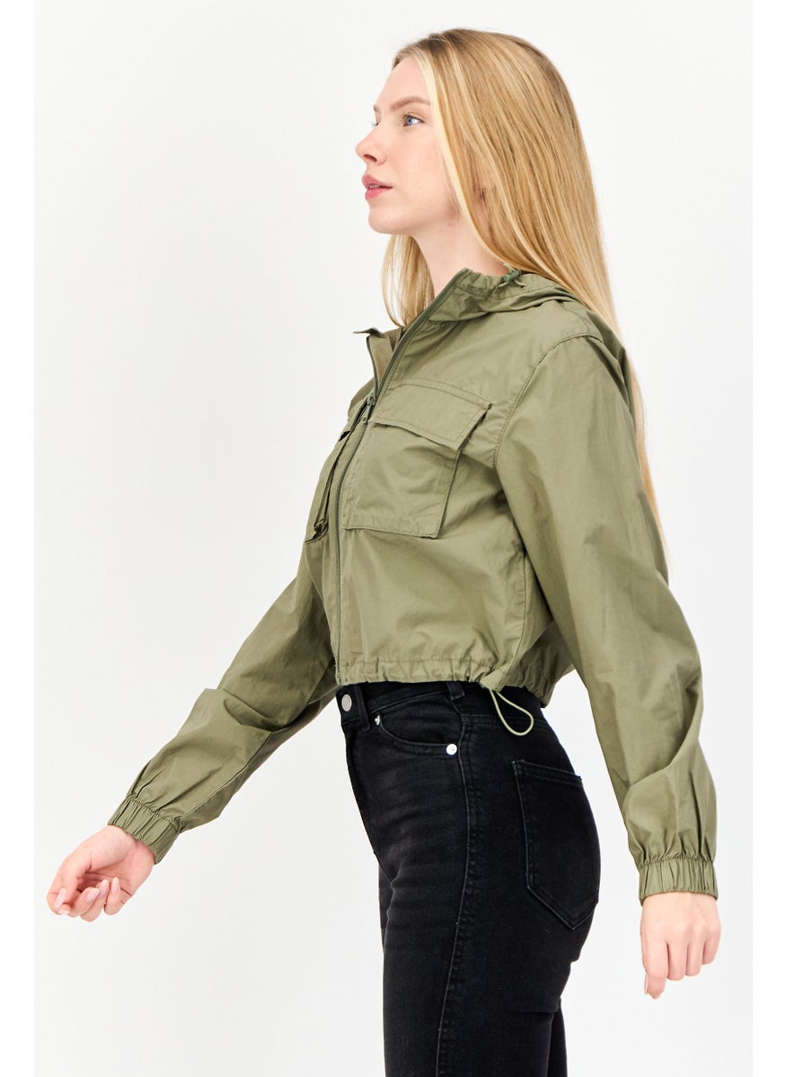 Don't Call Me Jennyfer - Women Solid Hooded Cropped Jacket, Khaki - Image 1