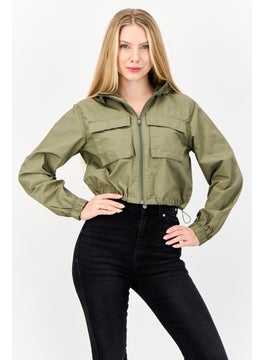 Women Solid Hooded Cropped Jacket, Khaki