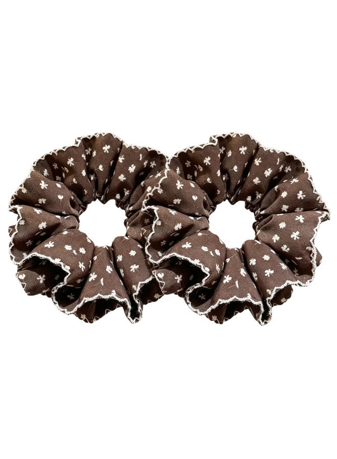French Style Chiffon Scrunchies, Brown Floral Ruffled Hair Ties (2 Pack) - Image 1