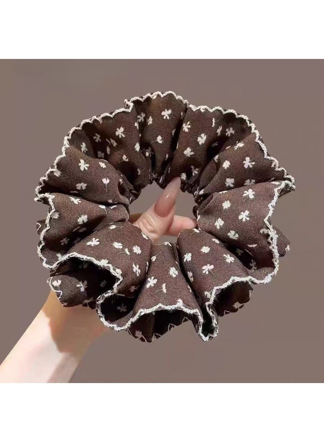 French Style Chiffon Scrunchies, Brown Floral Ruffled Hair Ties (2 Pack) - Image 2