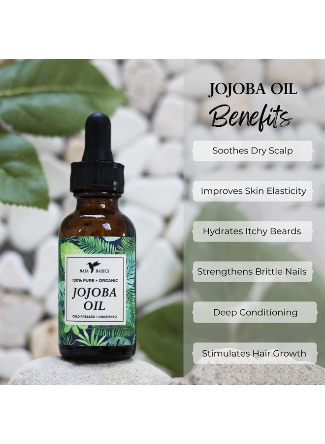 Baja Basics زيت الجوجوبا العضوي، معصور على البارد، 100% نقي - مرطب للبشرة، الوجه، الجسم، الأظافر والشعر - منتج تجميل متعدد الاستخدامات، سيروم مضاد للشيخوخة بفيتامين E للرجال والنساء - زجاجة 4 أونصات - Image 1