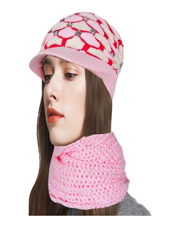 V3E Prime Combo of Winter Woollen Cap with Muffler Pink
