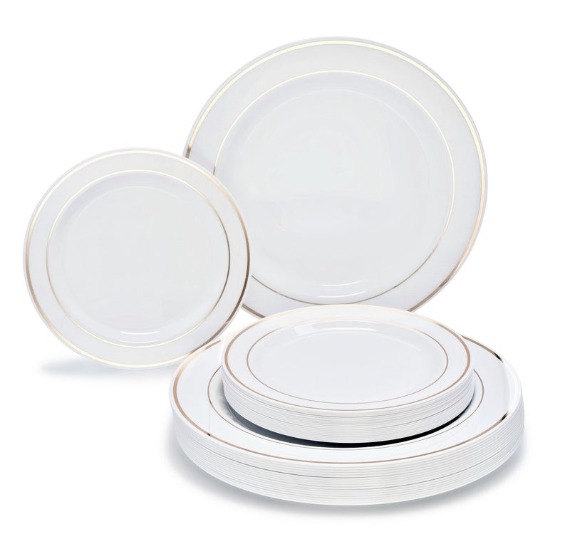 OCCASIONS FINEST PLASTIC TABLEWARE OCCASIONS 240 Plates Pack120 Guests Heavyweight Premium Wedding Party Disposable Plastic Plates Set 120 x 105 Dinner  120 x 75 SaladDessert White  Gold Rim 