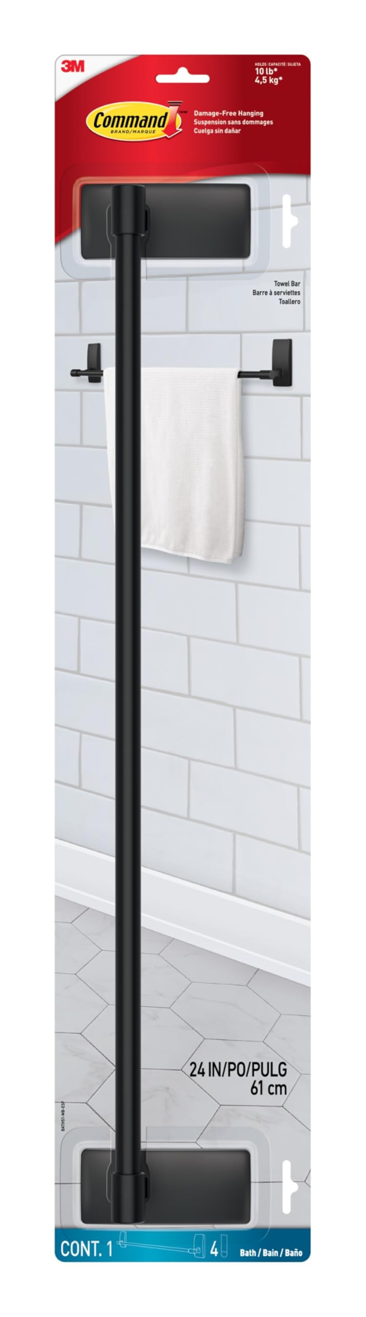Command Bath Matte Black Towel Bar with Water Resistant Command Strips, Bathroom Organizer, 24 in Bar Length Holds up to 10 lbs - Image 1