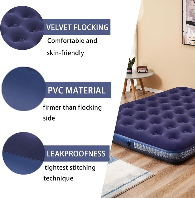 Lightweight Inflatable Air Mattress, 191 * 137 * 22cm Portable Camping Air Bed Comfort Dual-Surface Airbed, Portable Air Bed for Camping, Home & Travel, Flocked Airbed, Blue - Image 3