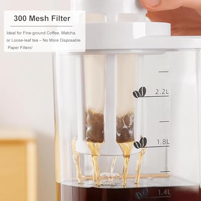 Azonee Cold Brew Coffee Maker 74Oz 2200Ml Portable Iced Coffee And Tea Pitcher With Fine Mesh Filter And Lid LeakProof Borosilicate Glass Carafe For Home Or Camping - Image 5