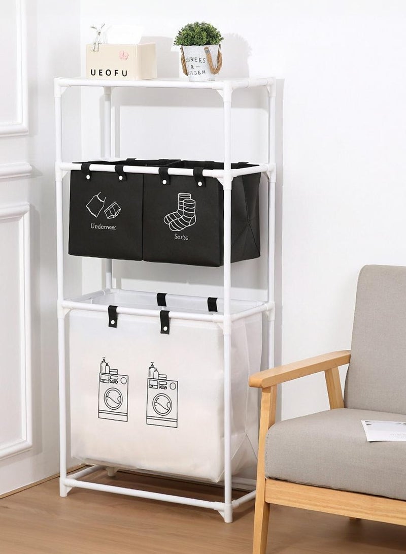 شو وو رف منظم سلة الغسيل، رف أبيض عصري متعدد الطبقات مع 3 حقائب تخزين كبيرة السعة، منظم ملابس للحمام، السكن الجامعي، غرفة الغسيل - Image 1