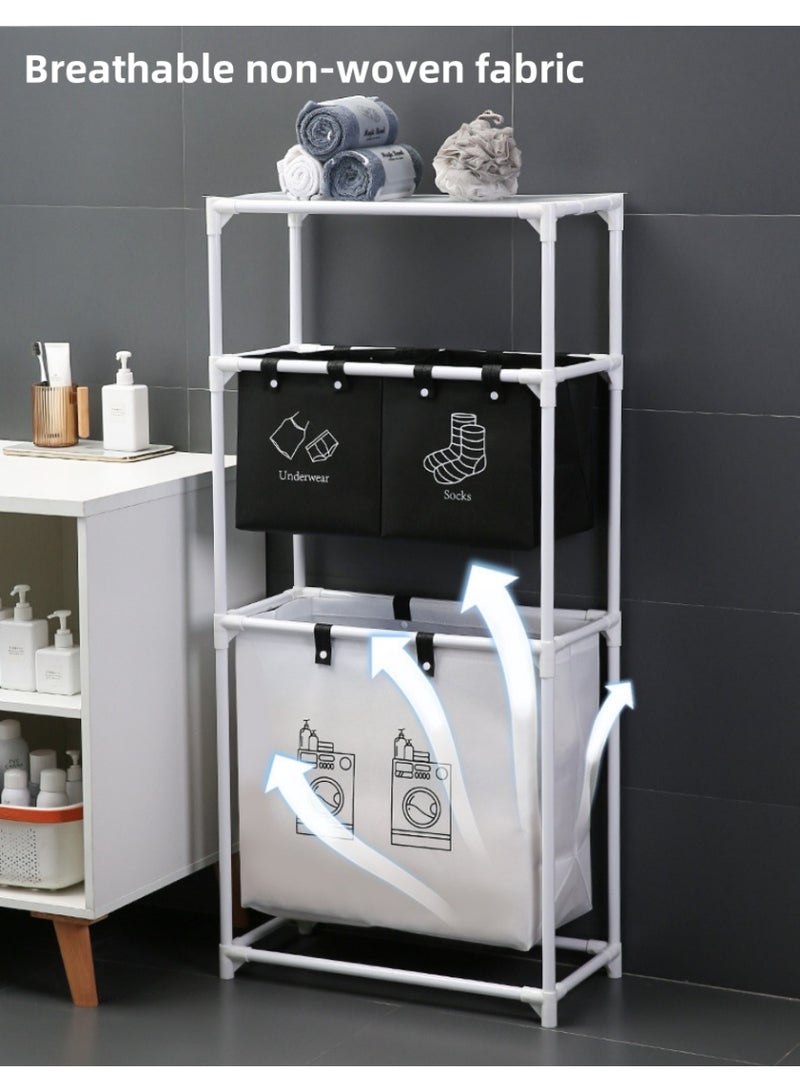 شو وو رف منظم سلة الغسيل، رف أبيض عصري متعدد الطبقات مع 3 حقائب تخزين كبيرة السعة، منظم ملابس للحمام، السكن الجامعي، غرفة الغسيل - Image 4