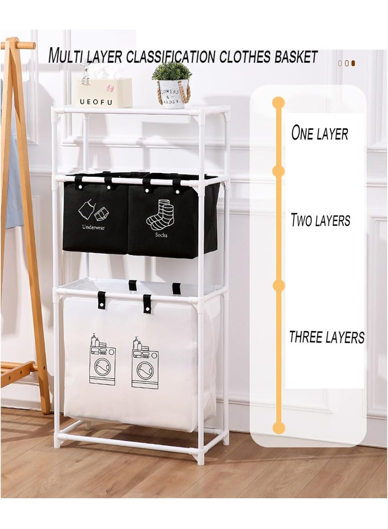 شو وو رف منظم سلة الغسيل، رف أبيض عصري متعدد الطبقات مع 3 حقائب تخزين كبيرة السعة، منظم ملابس للحمام، السكن الجامعي، غرفة الغسيل - Image 2