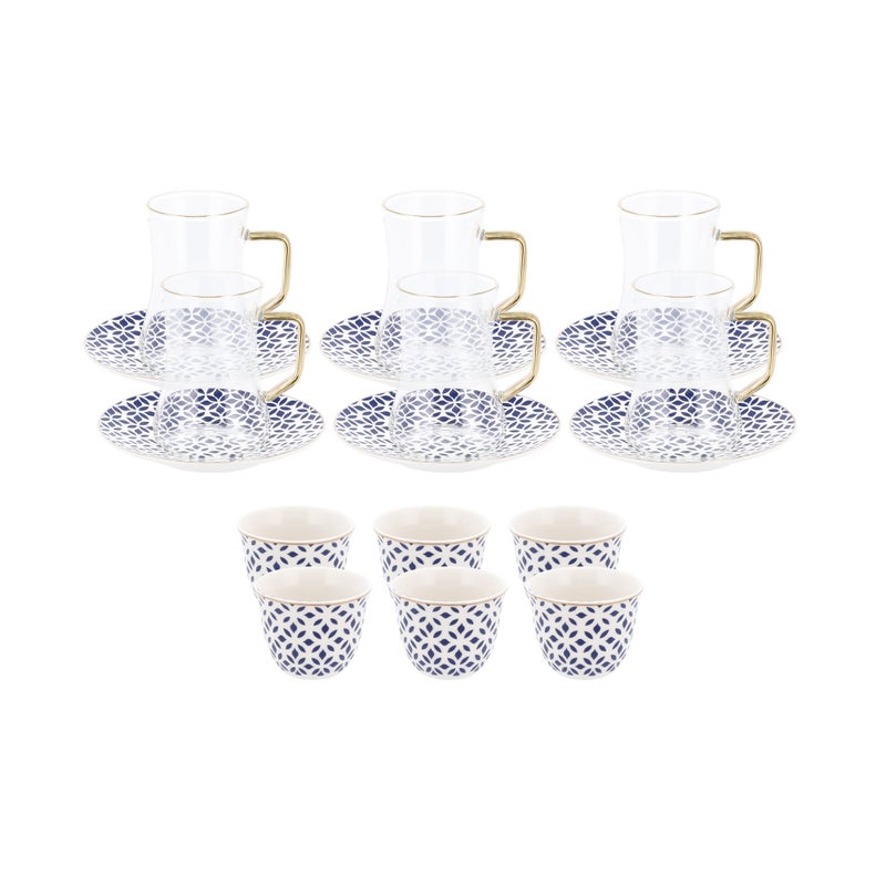 دلتي طقم شاي وقهوة سعودية أبيض منقوش بلون ذهبي وأزرق 18 قطعة - Image 2