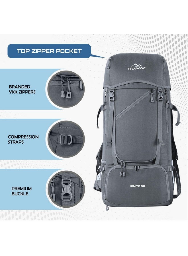 تراوك حقيبة سفر TRAWOC IGNITE بسعة 50 لترًا مفتوحة من الأمام والأعلى للمشي لمسافات طويلة والتخييم، حقيبة ظهر للرجال والنساء مع غطاء للمطر وحجرة للأحذية SHK020 رمادية داكنة - Image 2