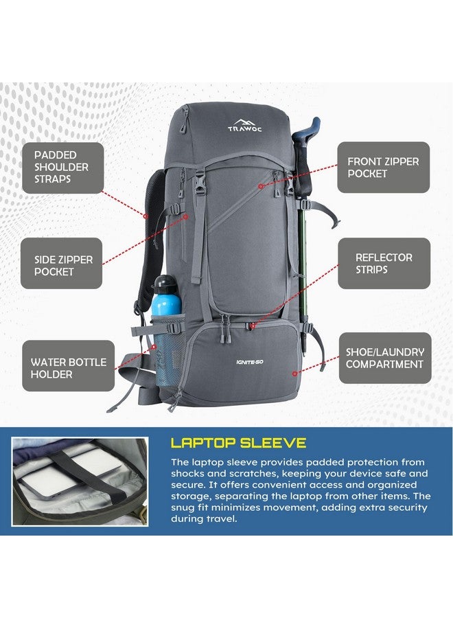 تراوك حقيبة سفر TRAWOC IGNITE بسعة 50 لترًا مفتوحة من الأمام والأعلى للمشي لمسافات طويلة والتخييم، حقيبة ظهر للرجال والنساء مع غطاء للمطر وحجرة للأحذية SHK020 رمادية داكنة - Image 4