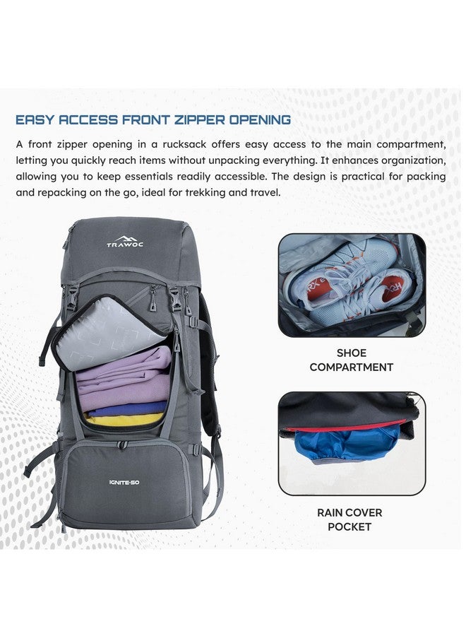 تراوك حقيبة سفر TRAWOC IGNITE بسعة 50 لترًا مفتوحة من الأمام والأعلى للمشي لمسافات طويلة والتخييم، حقيبة ظهر للرجال والنساء مع غطاء للمطر وحجرة للأحذية SHK020 رمادية داكنة - Image 5