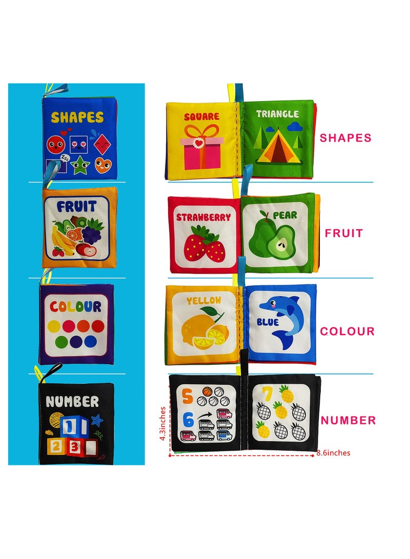 سيوسي مجموعة من 4 كتب قماشية ناعمة للأطفال، كتاب تعليمي للأطفال مصنوع من القماش الملون، ألعاب تعليمية مبكرة، كتب قماشية مجعدة للمس والإحساس للأطفال، لاستكشاف الألوان، الأشكال، الأرقام، والفواكه. - Image 2
