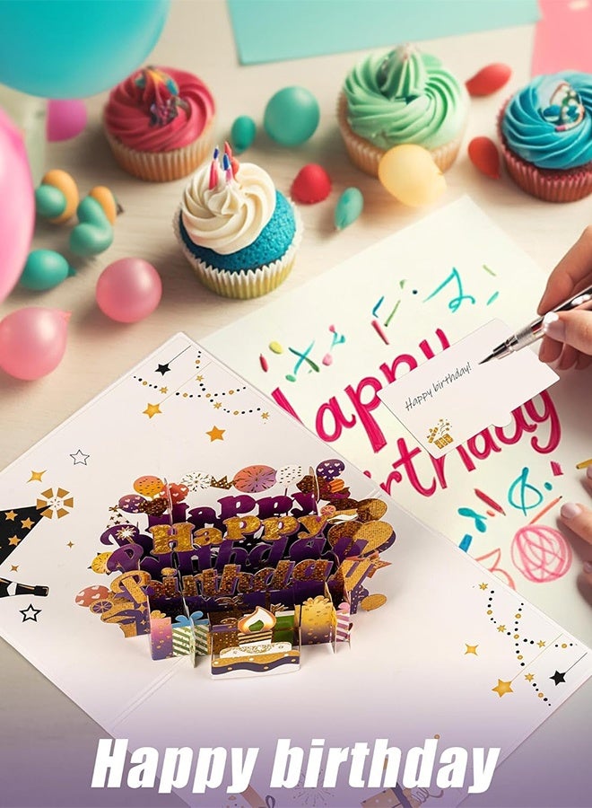Organizer Happy Birthday Pop Up Cake Card, Sweet 3D Birthday Cards with Envelopes - Unique Handmade Celebration Cards for Women, Men, Mom, Dad, Grandma, Daughter, Son, Friend（purple gold） - Image 4