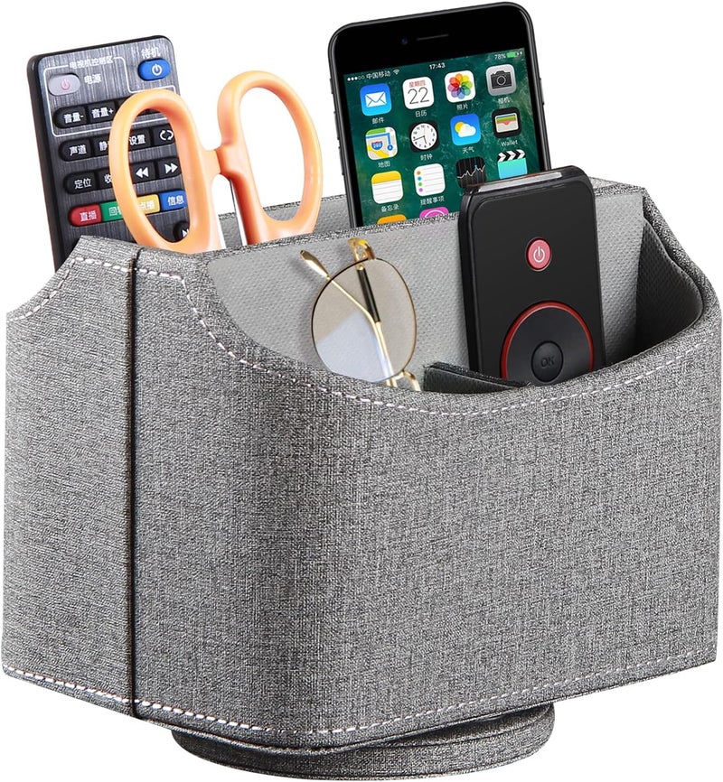 PUSU Leather 360°Rotatable Remote Control Holder,Nightstand TV Remote Caddy,Office Supplies Desktop Organizer,Spinning Storage Box for Pen,Mail,Phone,DVD, Blu-Ray, Media Player, Heater Controllers - Image 1