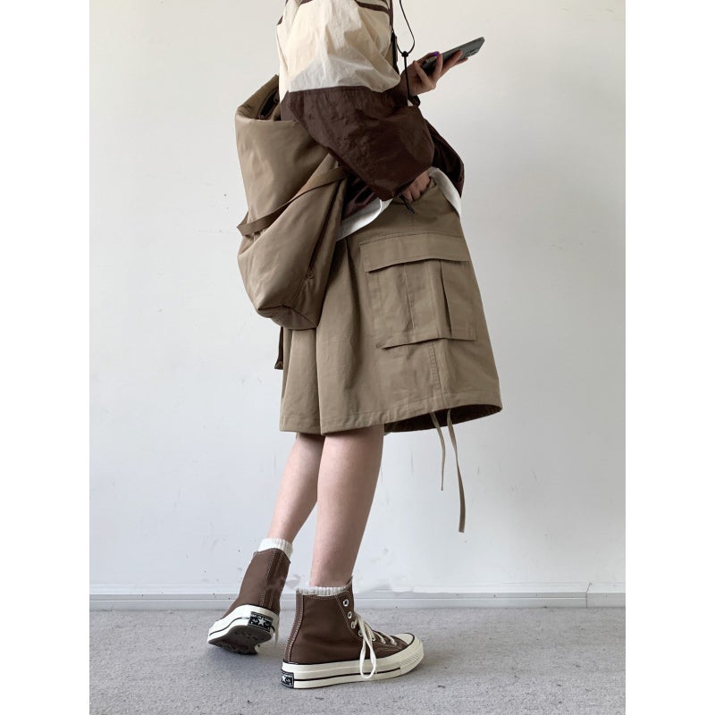2024 Summer Japanese Vintage Basic Khaki Tooling Shorts Loose Straight Casual Short Pants For Boys And Girls - Image 4