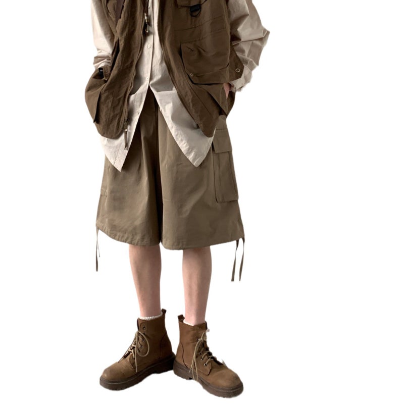 2024 Summer Japanese Vintage Basic Khaki Tooling Shorts Loose Straight Casual Short Pants For Boys And Girls - Image 5