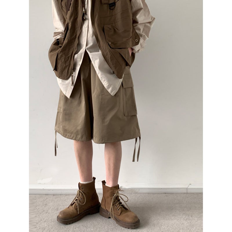 2024 Summer Japanese Vintage Basic Khaki Tooling Shorts Loose Straight Casual Short Pants For Boys And Girls - Image 1