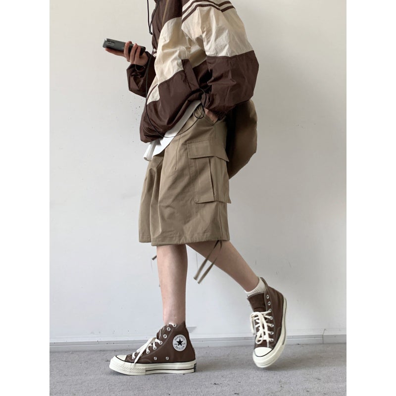 2024 Summer Japanese Vintage Basic Khaki Tooling Shorts Loose Straight Casual Short Pants For Boys And Girls - Image 2