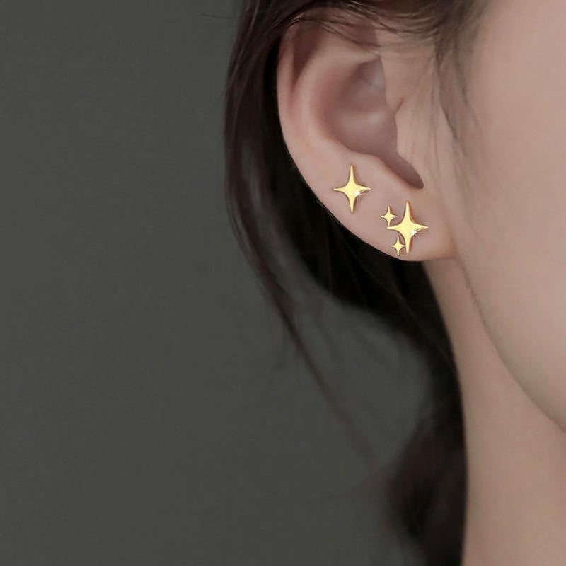 PANSHI  Gold Stud Earrings Sterling Silver Post Earrings Star Stud Earrings for Women Teen Trendy Hypoallergenic Small Post Pierced Studs Earrings Jewelry Gifts (3 Stars Gold) - Image 5