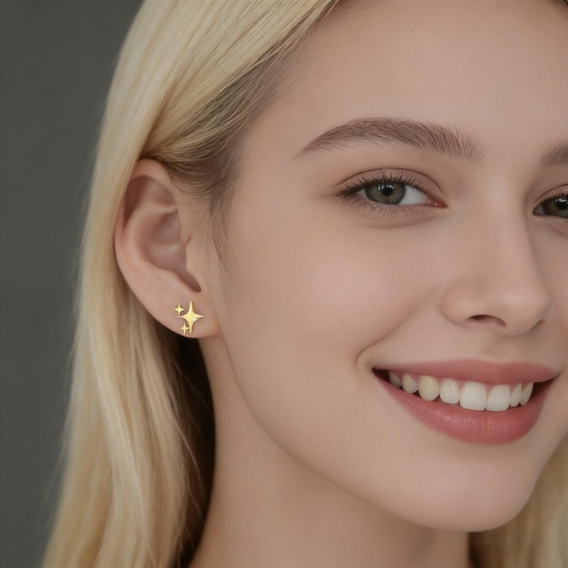 PANSHI  Gold Stud Earrings Sterling Silver Post Earrings Star Stud Earrings for Women Teen Trendy Hypoallergenic Small Post Pierced Studs Earrings Jewelry Gifts (3 Stars Gold) - Image 2