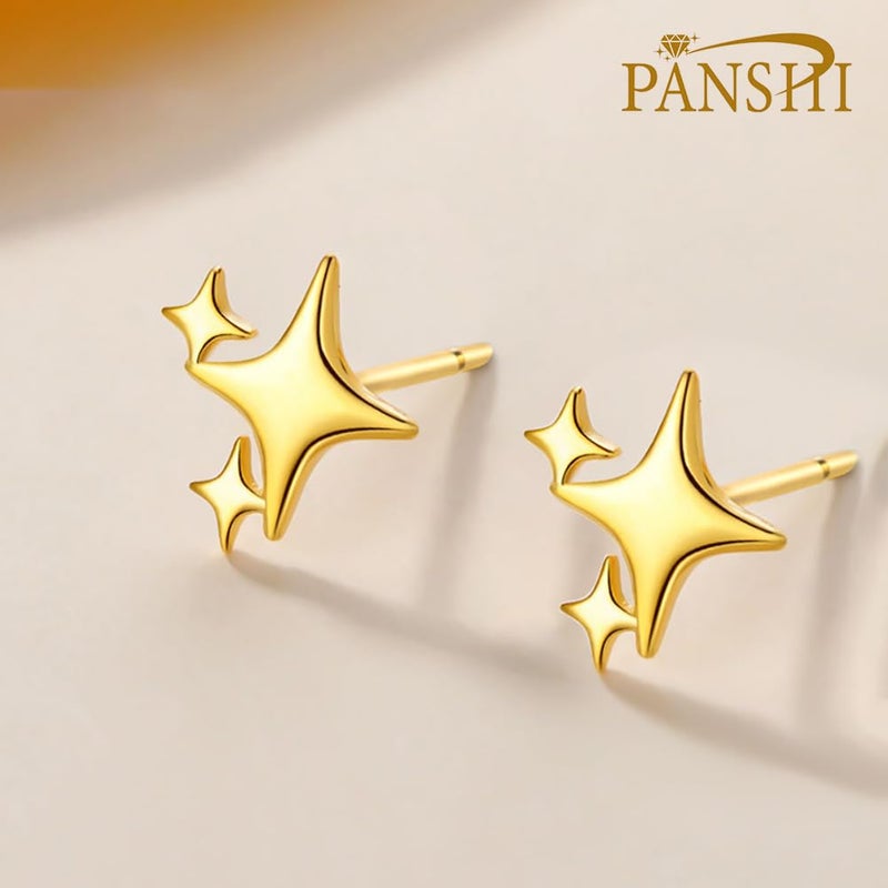PANSHI  Gold Stud Earrings Sterling Silver Post Earrings Star Stud Earrings for Women Teen Trendy Hypoallergenic Small Post Pierced Studs Earrings Jewelry Gifts (3 Stars Gold) - Image 3